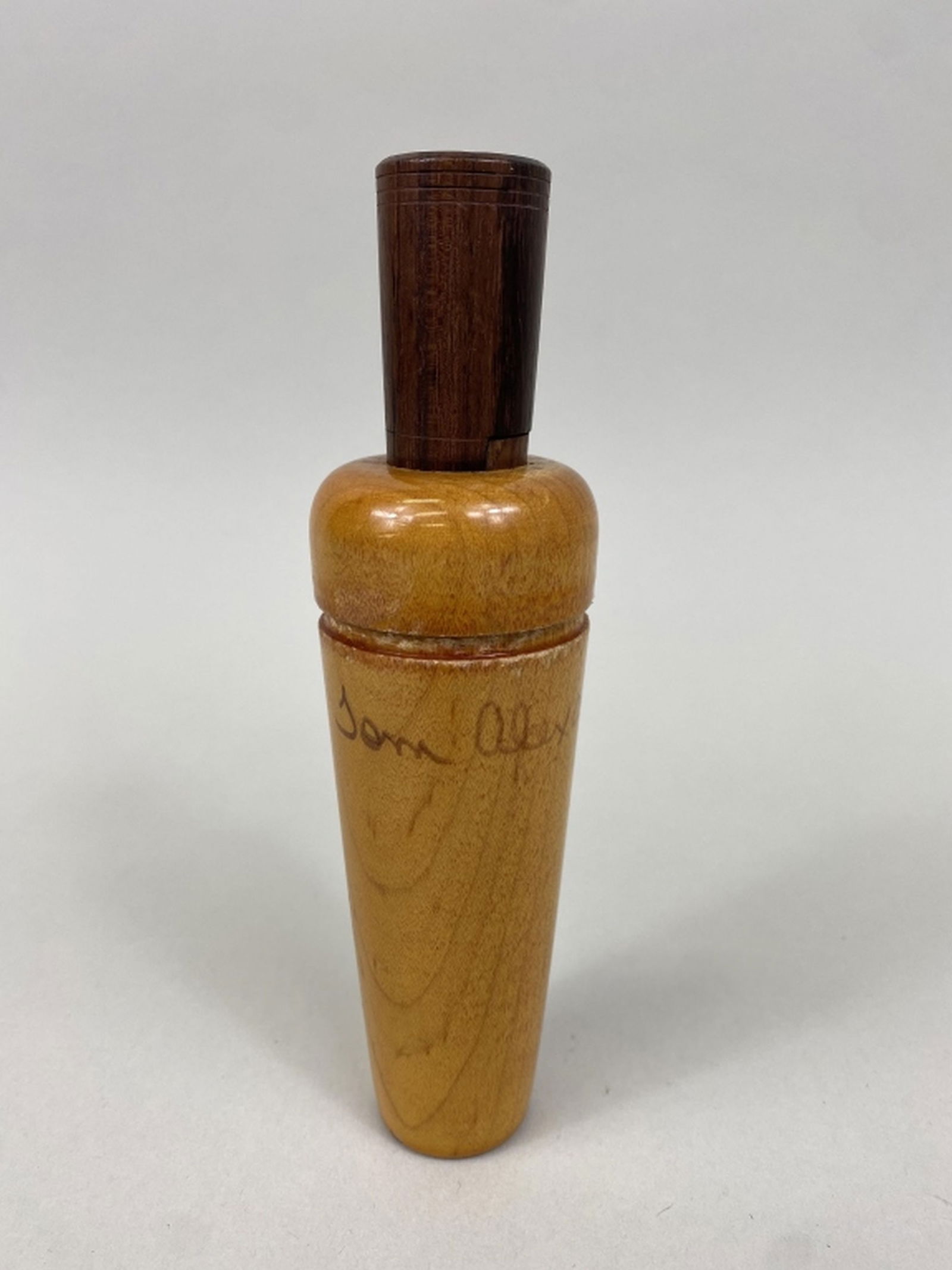 Tommy Alexander Duck Call: Hornbeak, TN, nice condition, signed on barrel by maker, brass reed, Phillip "Sonny" Cain Collection, 6.25"L, est. 150 - 250