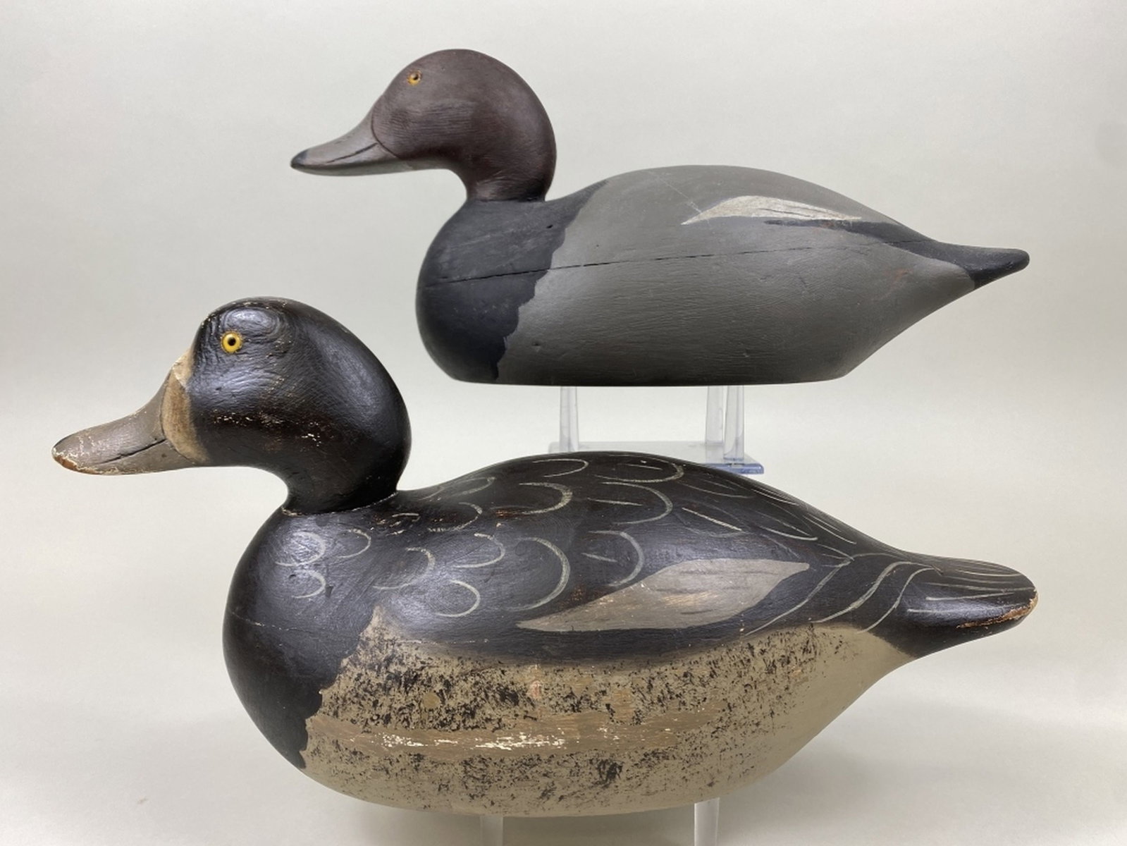 Mason Pr of Redhead Duck Decoys: Detroit, MI, premier grade, glass eyes, hollow bodies, restored paint, minor gunning wear, hen has "Premier" stamped on bottom, Harold Haertel Collection, 15"L, est. 200 - 400