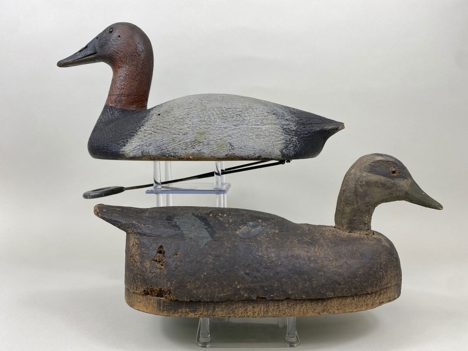 2 Duck Decoys: 1 Hamlin Boat Works black duck, Ludington, MI, glass eyes, cork body with wooden bottom board, head & tail, gunning wear, neck separation, a few small chips in cork, light wear & 1 canvasback drake at