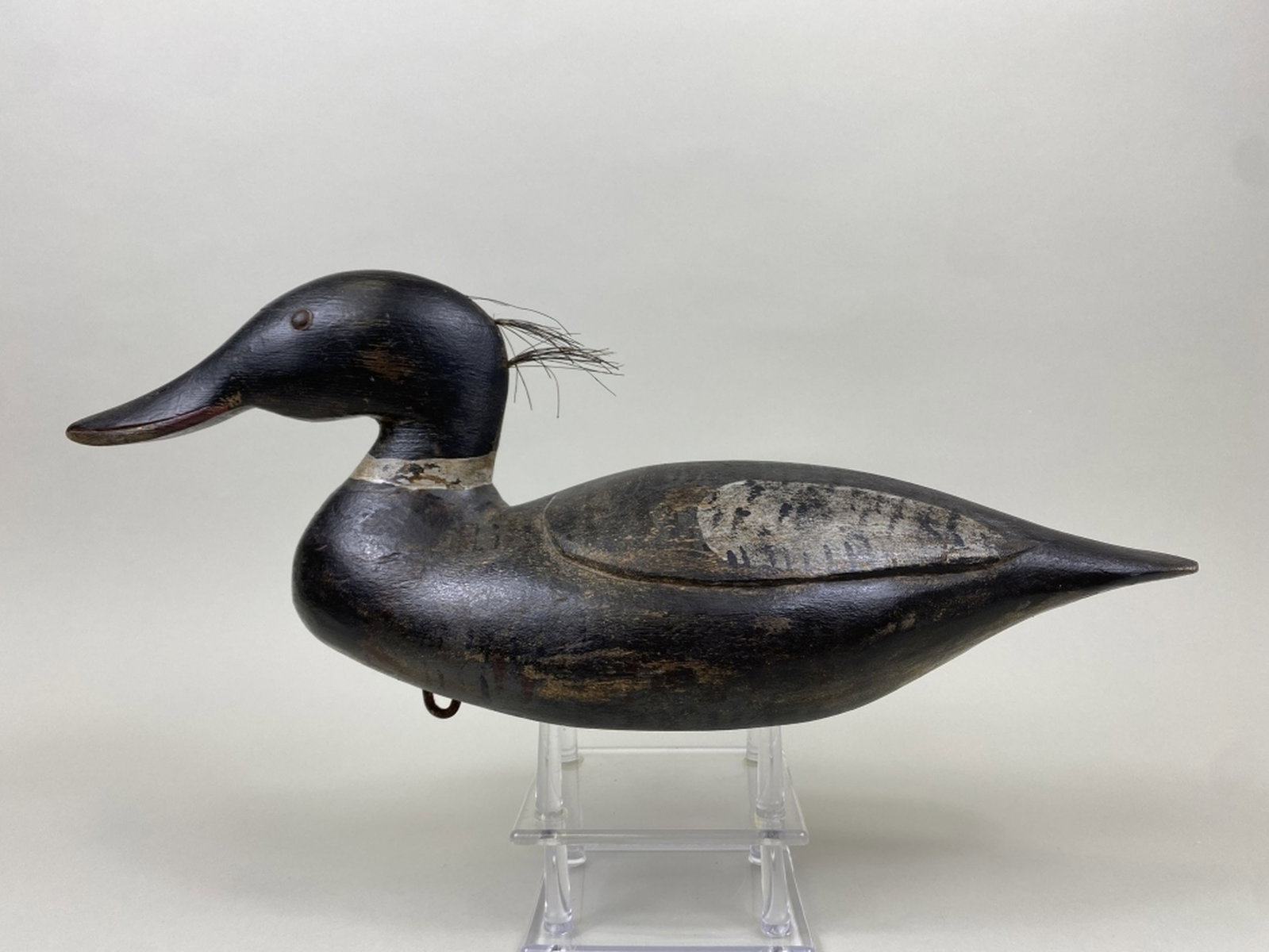 Merganser Drake Duck Decoy: by unknown carver, tack eyes, solid body, appears to be original paint, some gunning wear, hairline age crack on head near eye, 16.5"L, est. 150 - 300