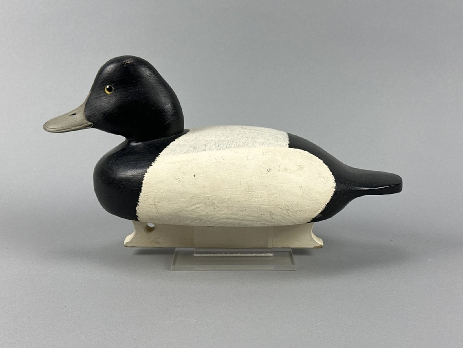 Marv Bernet Bluebill Drake Duck Decoy: Cottage Grove, MN, glass eyes, solid body, original paint with a few small rubs & minor wear, makers brand on bottom, 13.5"L, est. 200 - 400
