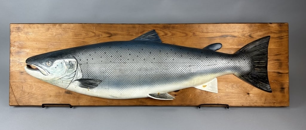 Rare Egil Larsen Hand Carved Salmon Effigy: Oslo, Norway, painted eye, carved tail & wooden fins, good original paint with excellent detail, 1 small chip to tip of pectoral fin, a few light rubs & small imperfections, "SALMO SALAR ,16.5KG. ALTA