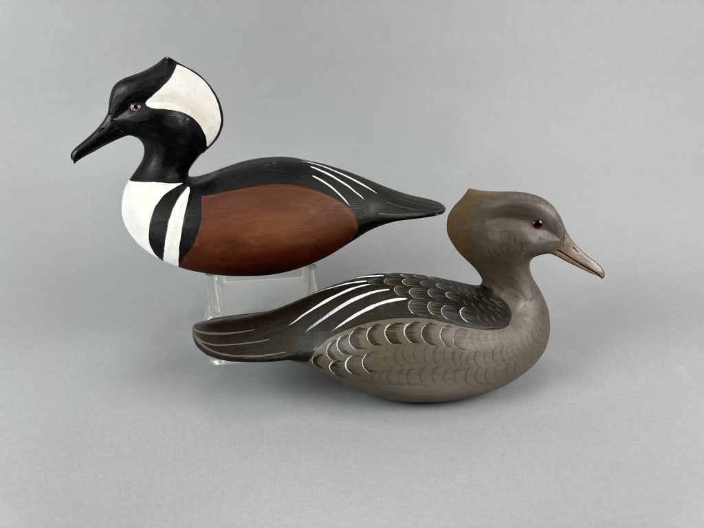 Barry Chauvin Pr of Hooded Mergansers: Larose, LA, glass eyes, solid bodies, strong original paint with a few minor rubs, heads are slightly turned, maker's name branded on bottom, Marian & James Szymanski Collection, 13"L, est. 300 - 500