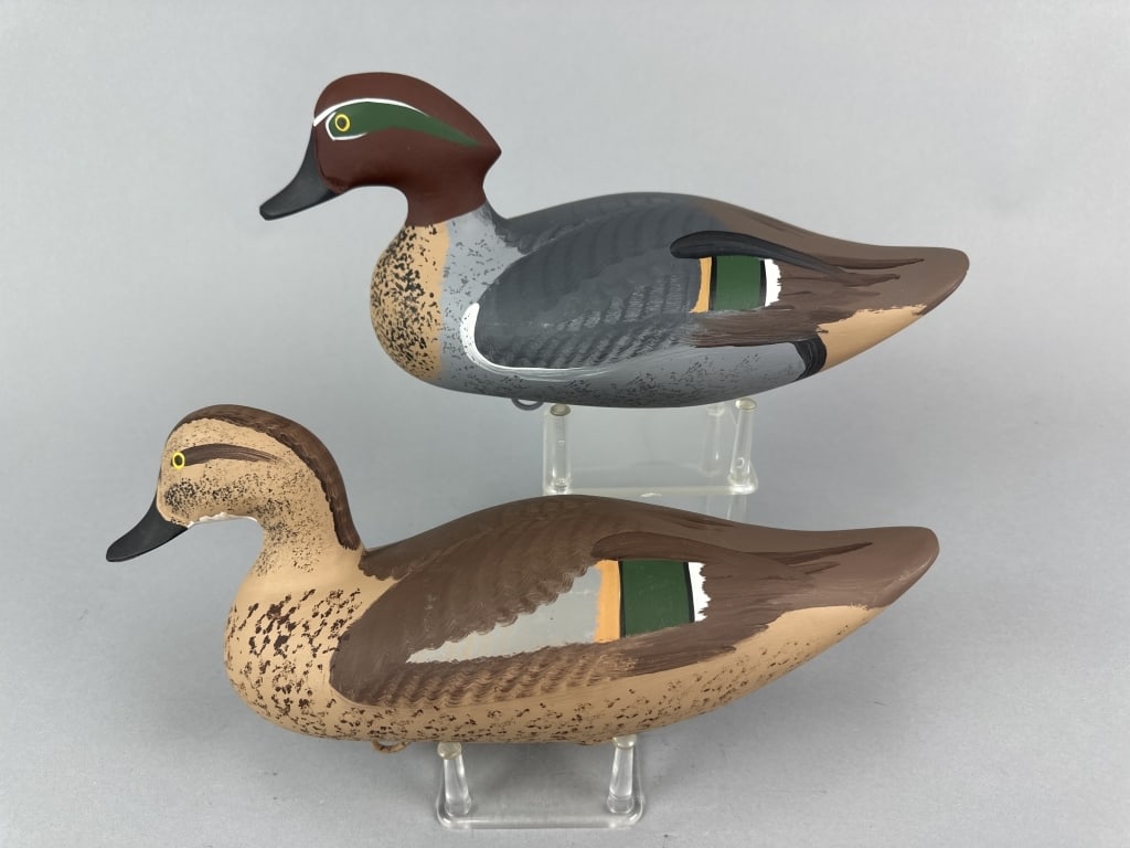 Capt. Harry Jobes Pr of Green-Winged Teal: Havre de Grace, MD, painted eyes, solid bodies, excellent original paint, maker's signature & dated 1996 on bottom, Marian & James Szymanski Collection, 13"L, est. 250 - 450