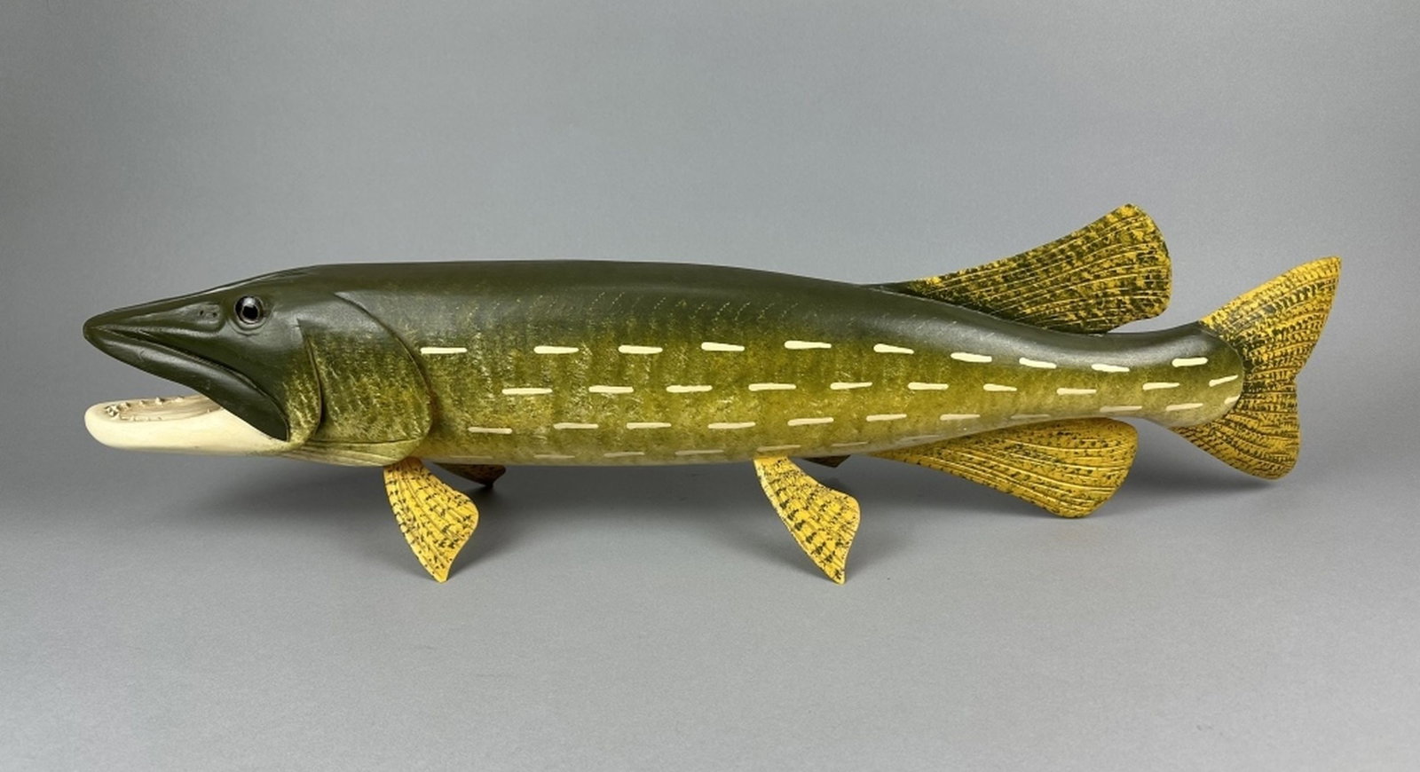Rare Carl Christiansen Hand Carved Northern Pike: Newberry, MI, this one of a kind special order northern pike features glass eyes, carved tail & wooden fins, excellent condition in original paint, highly detailed relief carving on gills, maker's sig