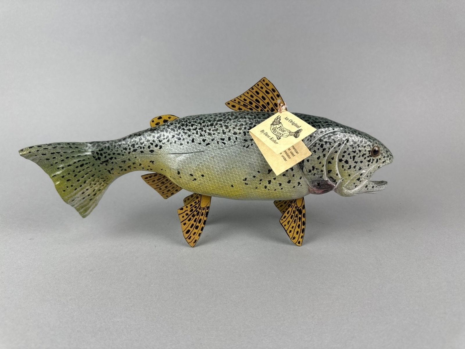 Dave Kober Hand Carved Steelhead: Beulah, MI, glass eyes, carved tail & metal fins, excellent condition, maker's signature on bottom, 13"L, est. 150 - 300