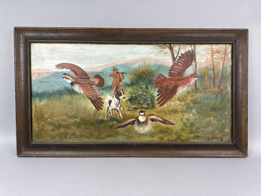 Vintage Oil on Board Painting: by W. Sturgis, scene depicting hunter with dog & 3 quail, dated 1936, a few condition issues but overall would be a nice display with some cleaning, framed, 36"W x 20"T, est. 200-400