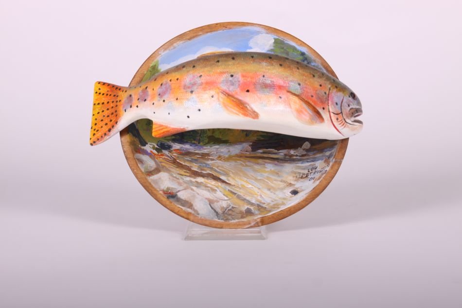 Curved Brown Trout Fish Bowl, Handcarved and Painted by: Curved Brown Trout Fish Bowl, Handcarved and Painted by Dr. Lou Petrucco of Grosse Ile, MI, Signed and Dated 2006