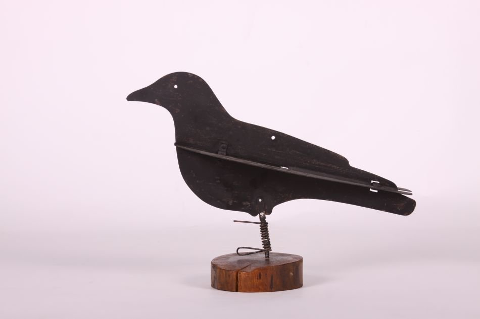 Metal Folding Crow Decoy by Dewey Mfg. ca 1920s, with: Metal Folding Crow Decoy by Dewey Mfg. ca 1920s, with Wood Stand