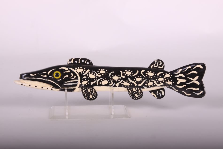 12" Northern Pike Spearing Decoy by Leonard "Sven": 12" Northern Pike Spearing Decoy by Leonard "Sven" Nelson of Manton, MI, Glass Eye, Carved Tail, Metal Fins, Genesis 21:22 on Bottom, Signed