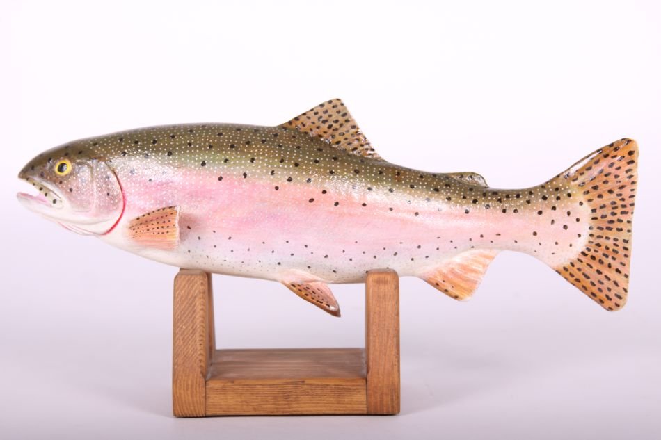 14" Rainbow Trout Handcarved and Painted by Dr. Lou: 14" Rainbow Trout Handcarved and Painted by Dr. Lou Petrucco of Grosse Ile, MI, Carved Tail and Fins, Signed on Bottom