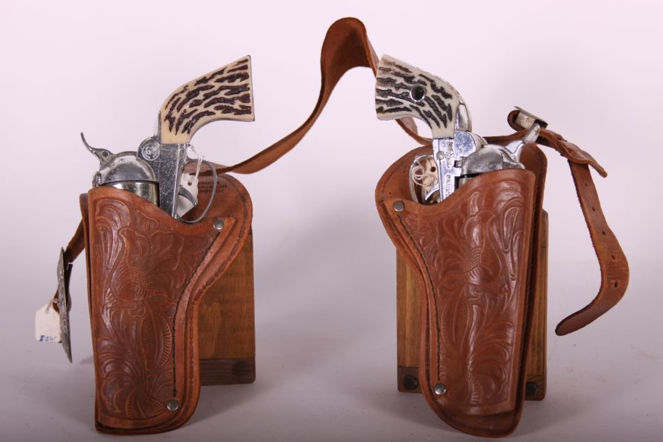 Pr of Mattel Fanner, Die Cast, Shootin' Shell Cap Guns: Pr of Mattel Fanner, Die Cast, Shootin' Shell Cap Guns w/ White and Black Handles, w/ Top Grain Genuine Leather Double Holster and Belt