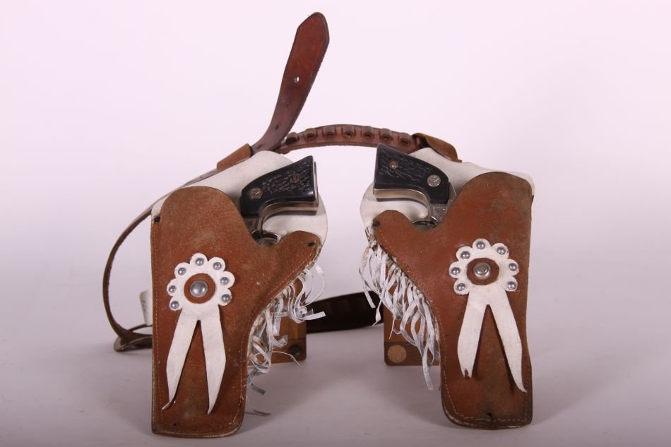 Pr of Nichols, Die Cast, Stallion 32 Cap Guns w/ Black: Pr of Nichols, Die Cast, Stallion 32 Cap Guns w/ Black Handles, w/ Brown Leather Double Holster