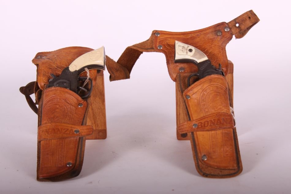 Pr of Kilgore, Cast Iron, Ranger Cap Guns w/ White: Pr of Kilgore, Cast Iron, Ranger Cap Guns w/ White Handles, w/ Leather "Bonanza" Double Holster and Belt