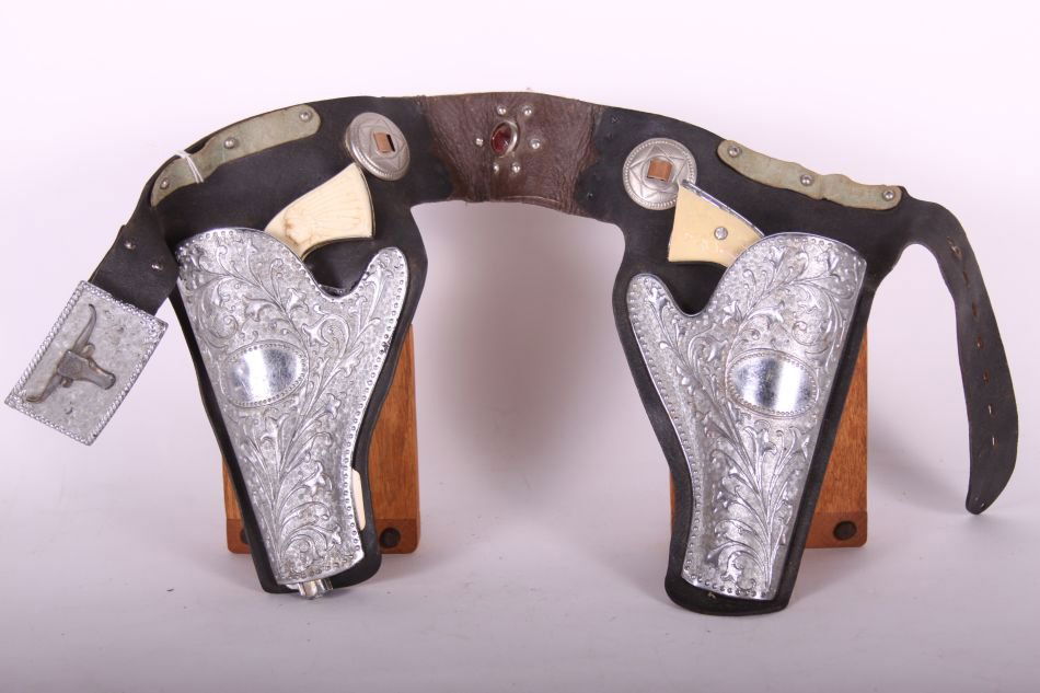 Pr of Stevens, Die Cast, Cap Guns, White Handles, One: Pr of Stevens, Die Cast, Cap Guns, White Handles, One Big Scout, One Buffalo Bill, w/ Metal Double Holster on Leather Belt