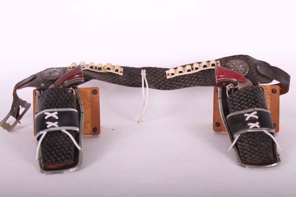 Pr of Kilgore, Cast Iron, Ranger Cap Guns w/ Maroon: Pr of Kilgore, Cast Iron, Ranger Cap Guns w/ Maroon Handles, w/ Leather Double Holster and Belt