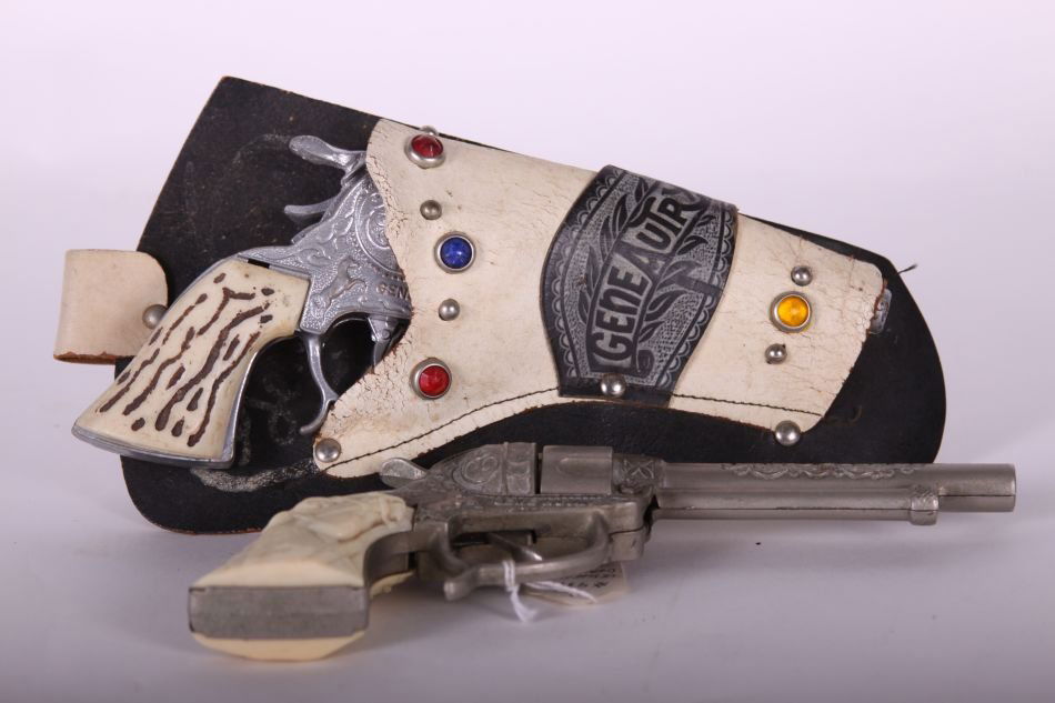 Pr of Leslie Henry, Die Cast, Gene Autry Cap Guns, One: Pr of Leslie Henry, Die Cast, Gene Autry Cap Guns, One w/ White Horse Handle, One w/ White and Black Handle, w/ One Gene Autry Single Holster