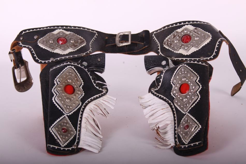 Pr of Nichols, Die Cast, Stallion .22 Cap Guns w/ Black: Pr of Nichols, Die Cast, Stallion .22 Cap Guns w/ Black Handles, w/ Double Holster and Belt