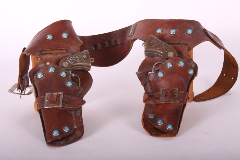 Pr of Esquire-Actoy, Die Cast, Pony Boy Jr. Cap Guns w/: Pr of Esquire-Actoy, Die Cast, Pony Boy Jr. Cap Guns w/ Copper Handles, w/ Double Holster and Belt