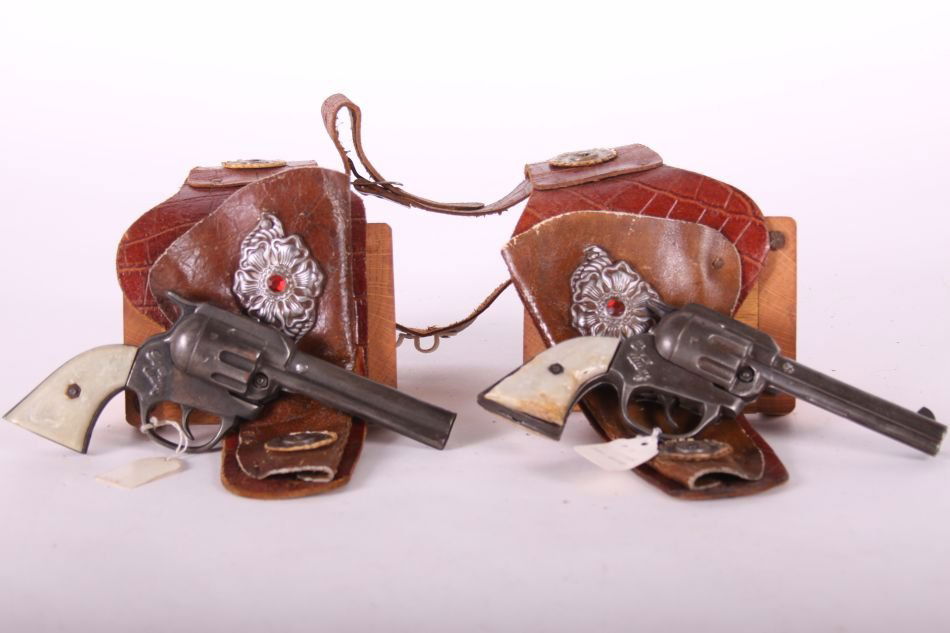 Pr. Of Kenton Cast Iron Cap Guns, "Gene Autry" w/ White: Pr. Of Kenton Cast Iron Cap Guns, "Gene Autry" w/ White Grips, w/ Brown Leather Holsters and Belt
