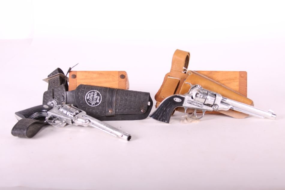 Pr. Of Hubley Cap Guns, Unnamed, Die Cast, w/ Black: Pr. Of Hubley Cap Guns, Unnamed, Die Cast, w/ Black Grips, w/ Brown Leather Holster and Belt and Black Plastic 'Lone Ranger' Holster and Belt