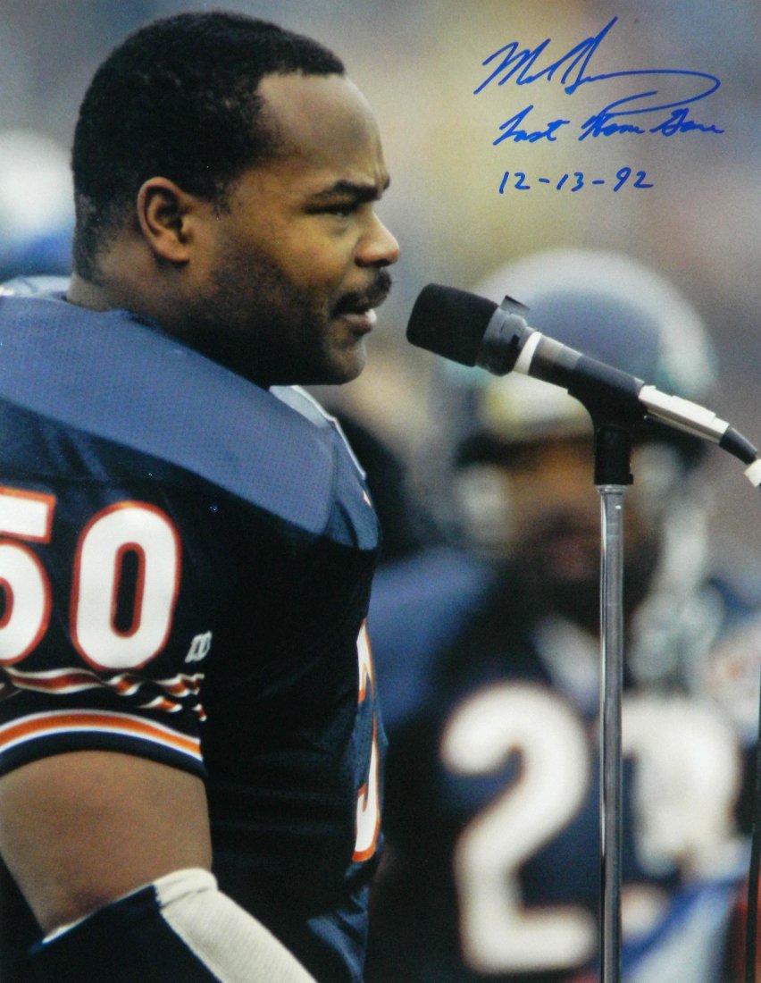 Mike Singletary signed Chicago Bears last home game at : mike singletary signed chicago bears last home game at soldier field speech 11x14 photo with 'last home game 12-13-92' inscription. item comes with a memorabilia tamper-proof numbered hologram and cer