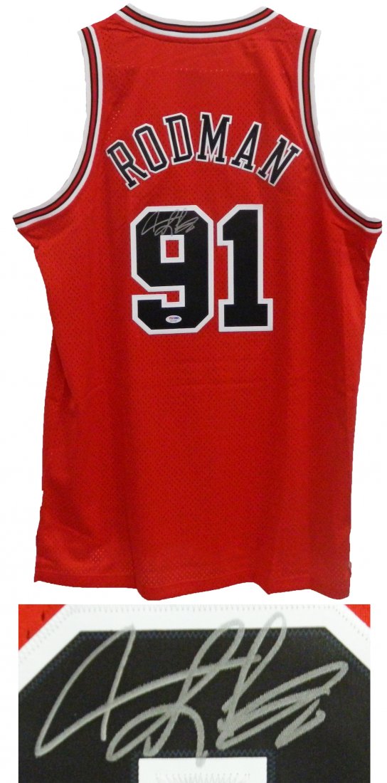 Dennis Rodman signed Chicago Bulls red Adidas swingman : dennis rodman signed chicago bulls red adidas swingman jersey. item comes with a psa/dna tamper evident numbered sticker and matching certificate of authenticity which can be verified online.