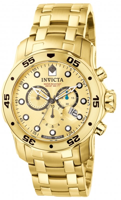 Invicta Men's 0074 Pro Diver Quartz Chronograph Gold Di: Plunge into any horizon using the steadfast guidance of the Invicta Pro Diver. Stylishly classic, internal workings are forged with variations of bold movements. Built with confident prowess, the fort