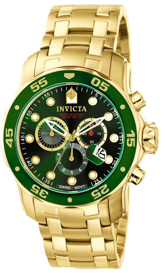Invicta Men's 0075 Pro Diver Quartz Chronograph Green D: Plunge into any horizon using the steadfast guidance of the Invicta Pro Diver. Stylishly classic, internal workings are forged with variations of bold movements. Built with confident prowess, the fort