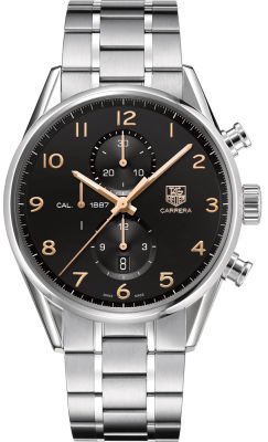 Tag Heuer Carrera Chronograph Calibre 1887 Men's Watch: Tag Heuer Carrera Chronograph Calibre 1887 Men's Watch Stainless steel case - 43mm case dimension - Black dial - Brushed & polished stainless steel bracelet - Automatic Self Winding Chronograph moveme