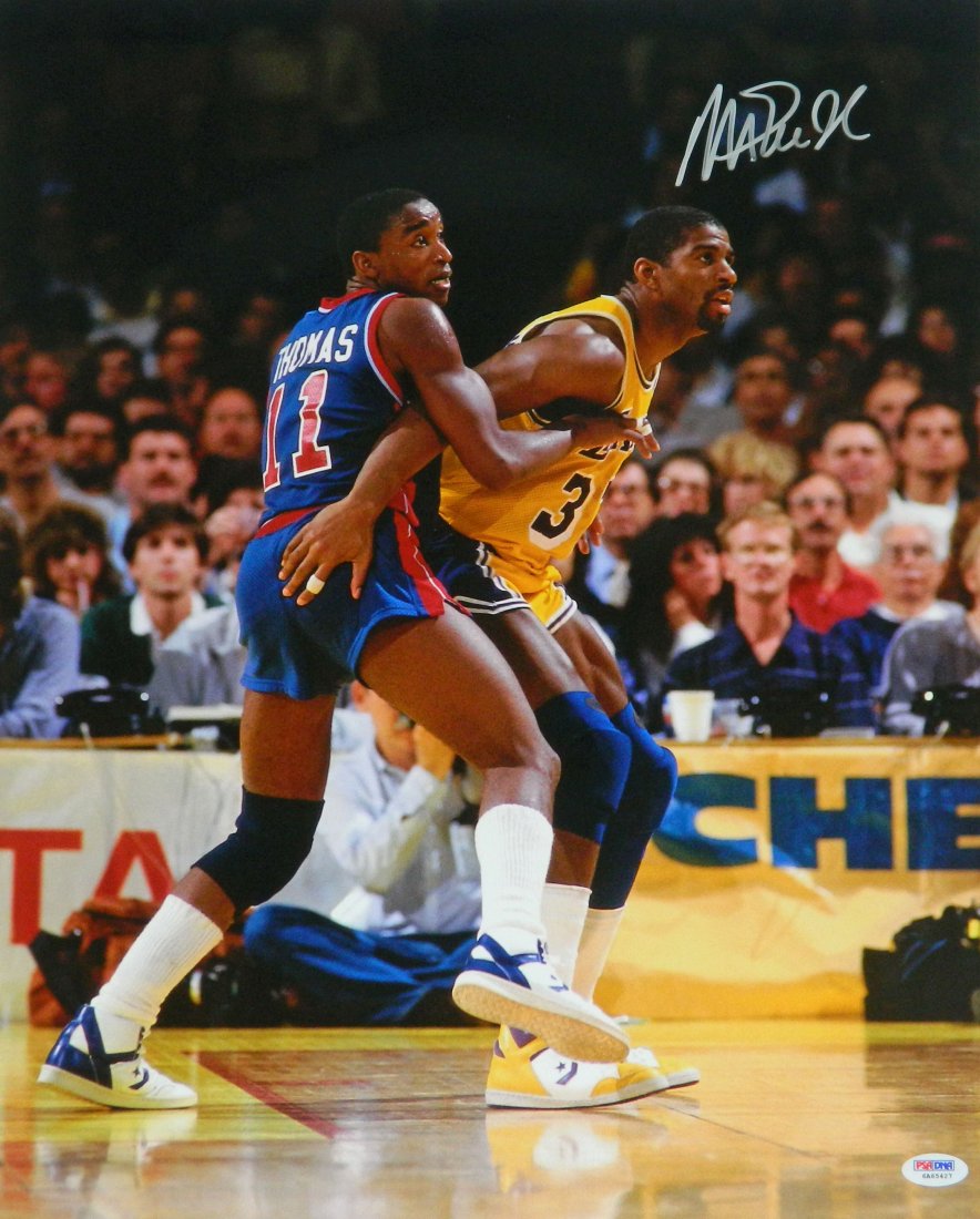 Magic Johnson signed Los Angeles Lakers action vs Isiah: magic johnson signed los angeles lakers action vs isiah thomas 16x20 photo. item comes with a psa/dna tamper evident numbered sticker and matching certificate of authenticity which can be verified onl