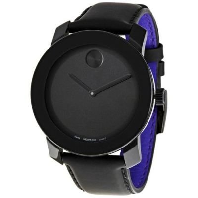 Movado Bold Men's Watch: Movado Bold Men's Watch Black tr90 composite and stainless steel case - 42mm case dimension - Black museum with black sunray dot and hands dial - Black leather with purple lining strap - Swiss Battery