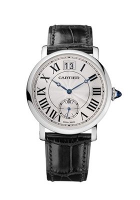 Cartier Rotonde de Cartier Men's Watch: Cartier Rotonde de Cartier Men's Watch 18k white gold case - 35mm case dimension - Silver guilloche small second subdial with blue apple shaped hands dial - Black crocodile leather strap - Manual Wind