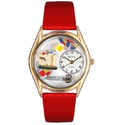 Quilting Red Leather And Goldtone Watch #C0440004: Love quilting? Know someone who does? This quilting-themed Whimsical Watch is the perfect gift for the quilting enthusiast in your life, with a miniature of a sewing machine, thread, and scissors.Desi