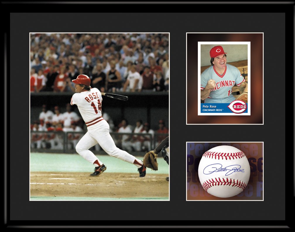 Pete Rose 11x14 Lithograph Facsimile Signature Framed: This 11x14 lithograph features Pete Rose hitting his record breaking 4,192 hit on September 11, 1985. Pete played from 1963 to 1986, and is best known for his 19 years with the Cincinnati Reds. Rose,