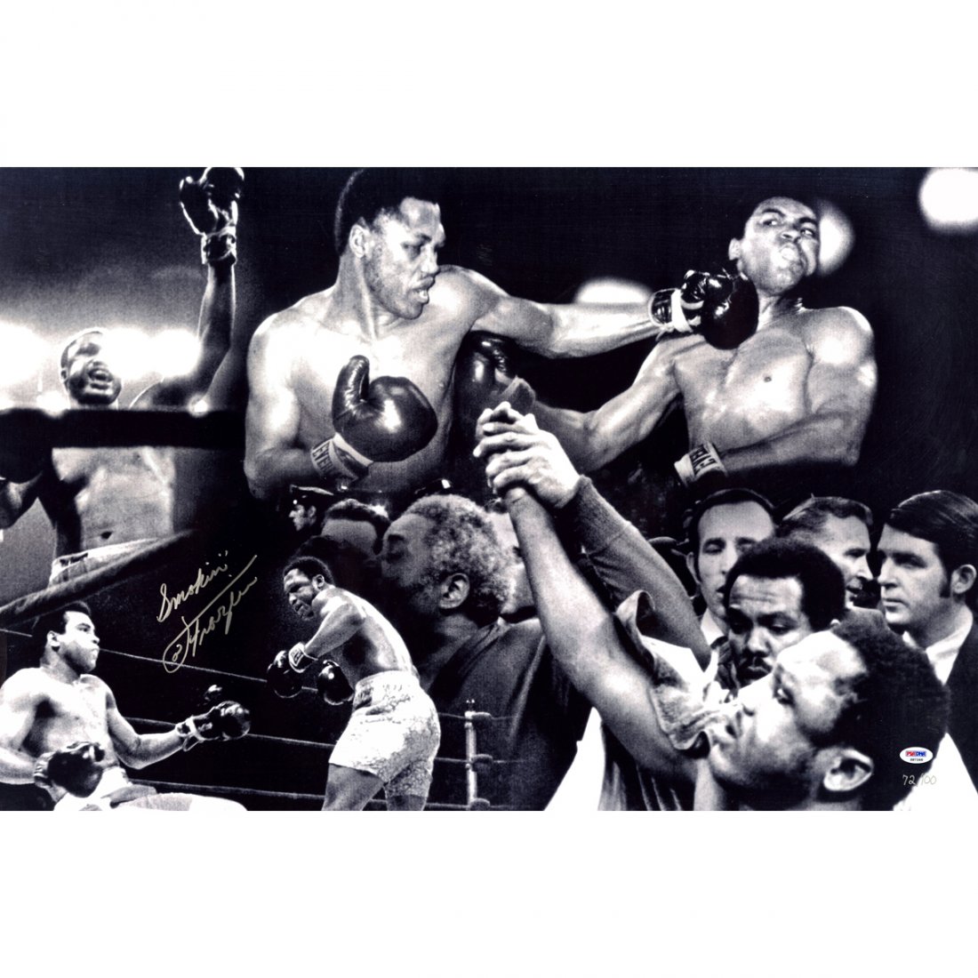 Joe Frazier Signed B/W Collage of Ali Fight 20x24 Photo: Joe Frazier Signed B/W Collage of Ali Fight 20x24 Photo w/ Smokin Insc (LE/100) (PSA/DNA Auth)