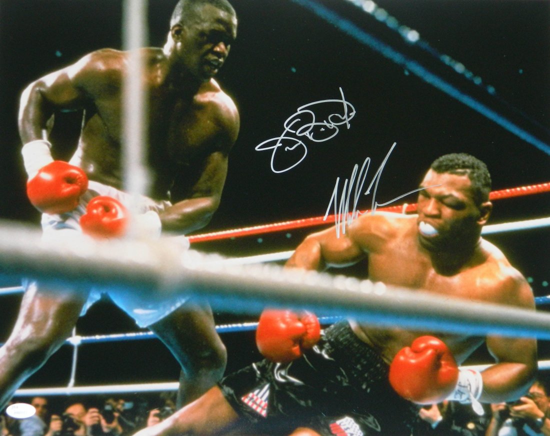 Mike Tyson & James Buster Douglas Dual Signed Boxing Ac: Mike Tyson and James Buster Douglas dual signed boxing 16x20 photo of Buster Douglas knocking down Mike Tyson in their historic fight. Item comes with a JSA (James Spence Authentication) tamper eviden