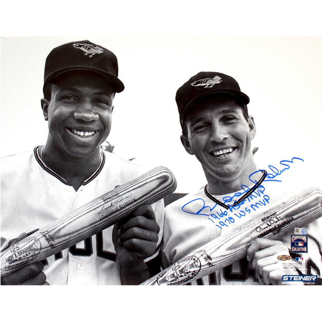 Brooks Robinson Signed Standing With Frank Robinson B/W: Brooks Robinson Signed Standing With Frank Robinson B/W 16x20 Photo w/ "1966 ASG MVP, 1970 WS MVP" insc (MLB Auth)