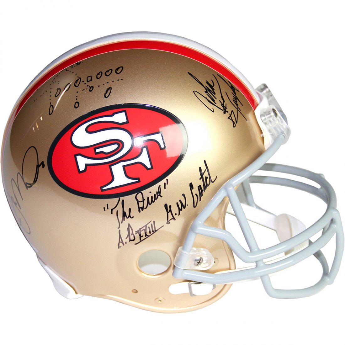 Joe Montana & John Taylor Dual Signed San Francisco 49e: Joe Montana & John Taylor Dual Signed San Francisco 49ers Authentic Helmet w/ "The Drive" and TD Play Insc
