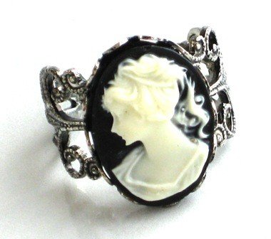 This Stunning Neo Victorian LADY IN BLACK Cameo Ring ma: this stunning neo victorian lady in black cameo ring makes the perfect gift or addition to your own jewelry box!:);this black and ivory lady cameo is set in a vintage style antique silver filigree rin