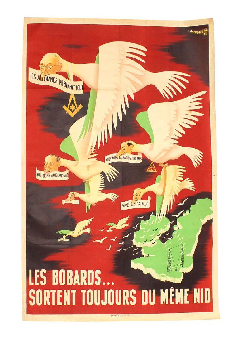 Anti-Semitic German propaganda poster from 1941.: Writing in French, “Les bobardssortenttoujours du mêmenid” (the bobards always come from the same nest) a poster of German propaganda with a practical drawing done by André Derain. A painting of