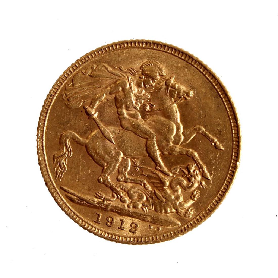 A 1912 British gold sovereign coin. (1 of 2)