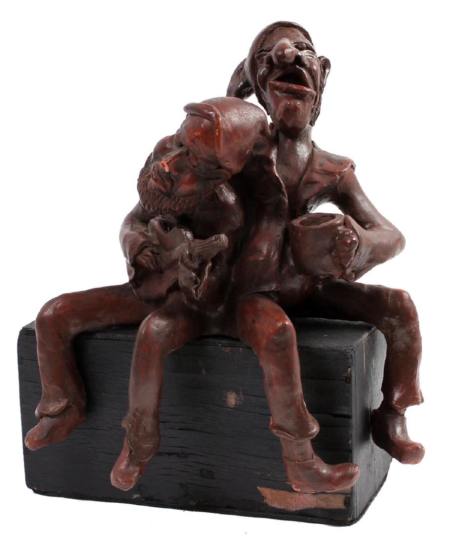 “Beggars” wooden figurine, probably Anti-Semitic.: One of the beggars holds a cup and the other plays a string instrument. According to their faces this is probably an anti-Semitic image. It sits on a wood block (some has separated). Height: 35cm. Wid