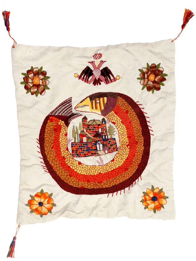 Textile with symbols of the End of Days. Jerusalem,: With colorful embroidery of Jerusalem, at the top of the textile is a two-headed eagle, and in the middle is Jerusalem and the snake surrounding it, the symbol of the End of Days and the coming of the