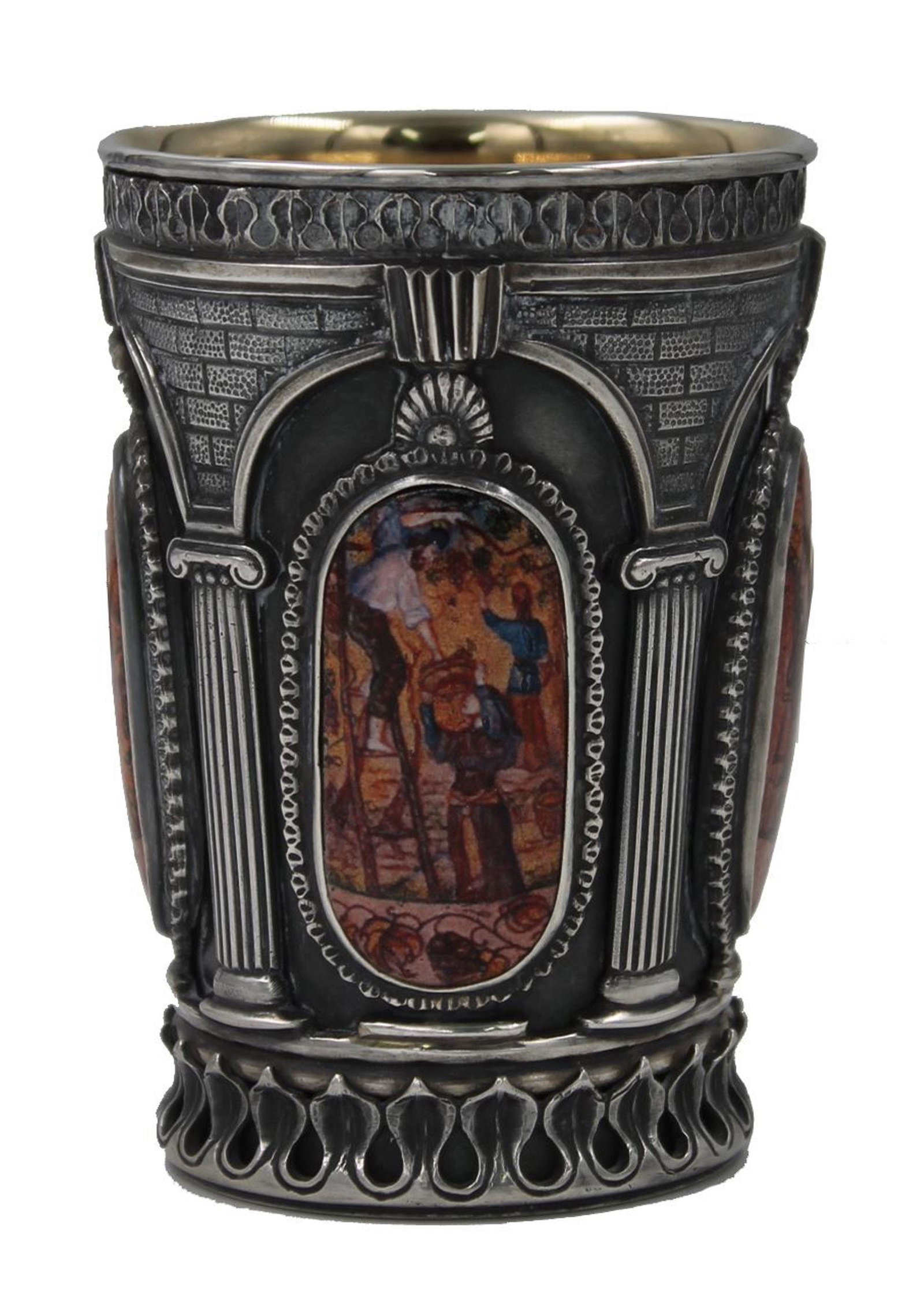 Expensive silver cup for kiddush with enamel paintings: Expensive silver cup for kiddush with enamel paintings of the "process of making wine", designed by the artist Ezra Landauâ€”Israel, 20th century Handsome cup for kiddush, modern design made by c
