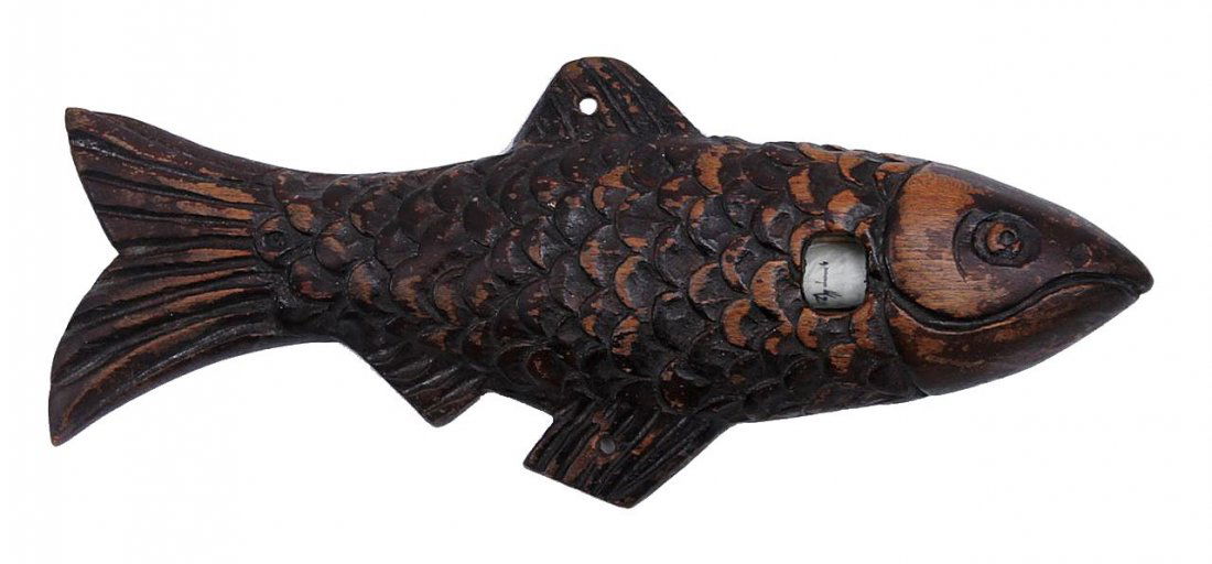 Wooden mezuzah case shaped like a fish, “against the (1 of 4)