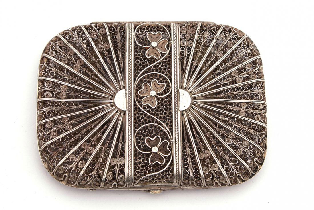 Cigarette box, filigree work, silver. 20th century. (1 of 4)