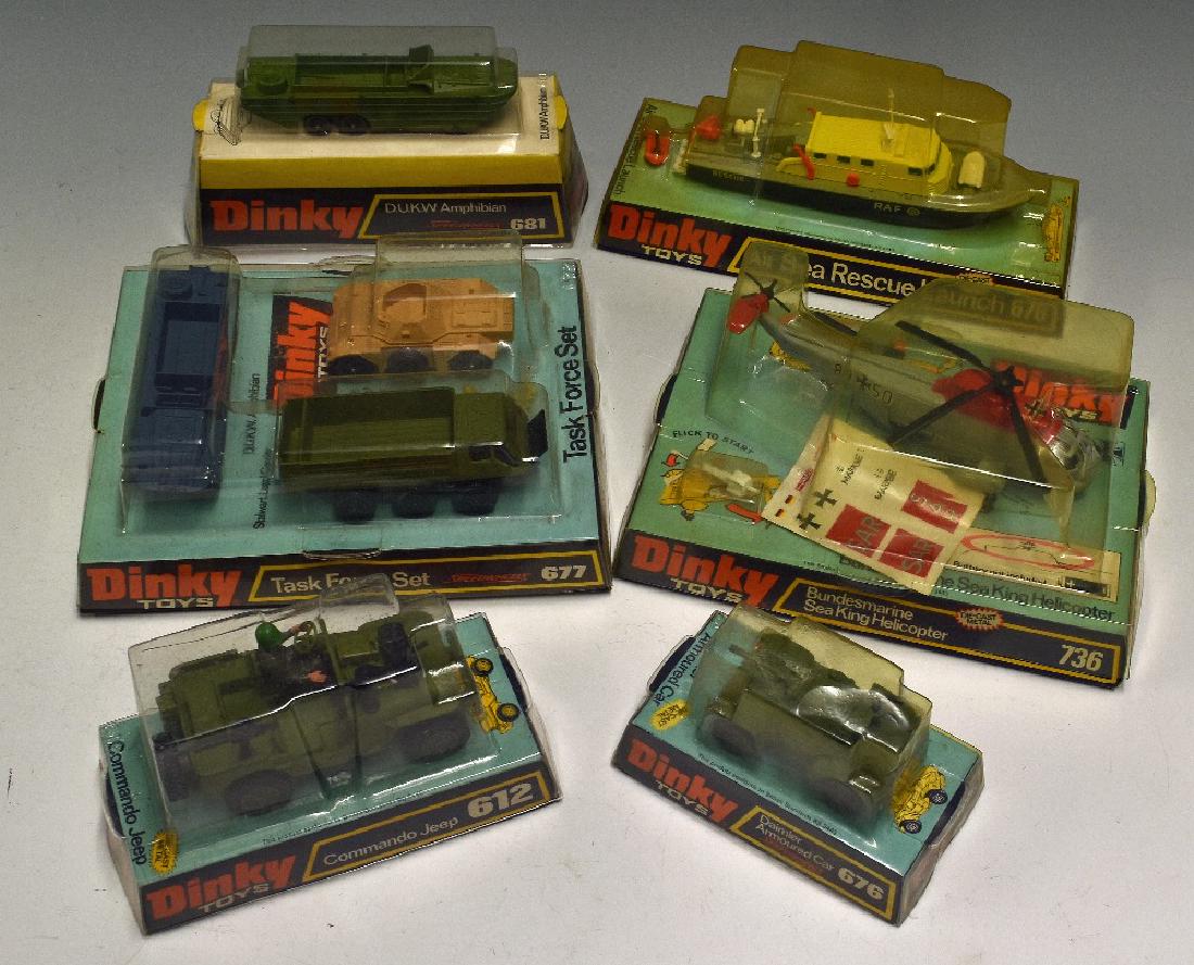 Dinky Toys Diecast Models 677 Task Force Set...: Dinky Toys Diecast Models 677 Task Force Set plus 736 Bundesmarine Sea King Helicopter (broken propellers), 678 Air Sea Rescue Launch, 681 D.U.K.W. Amphibian, 676 Daimler Armoured Car and 612 Commando