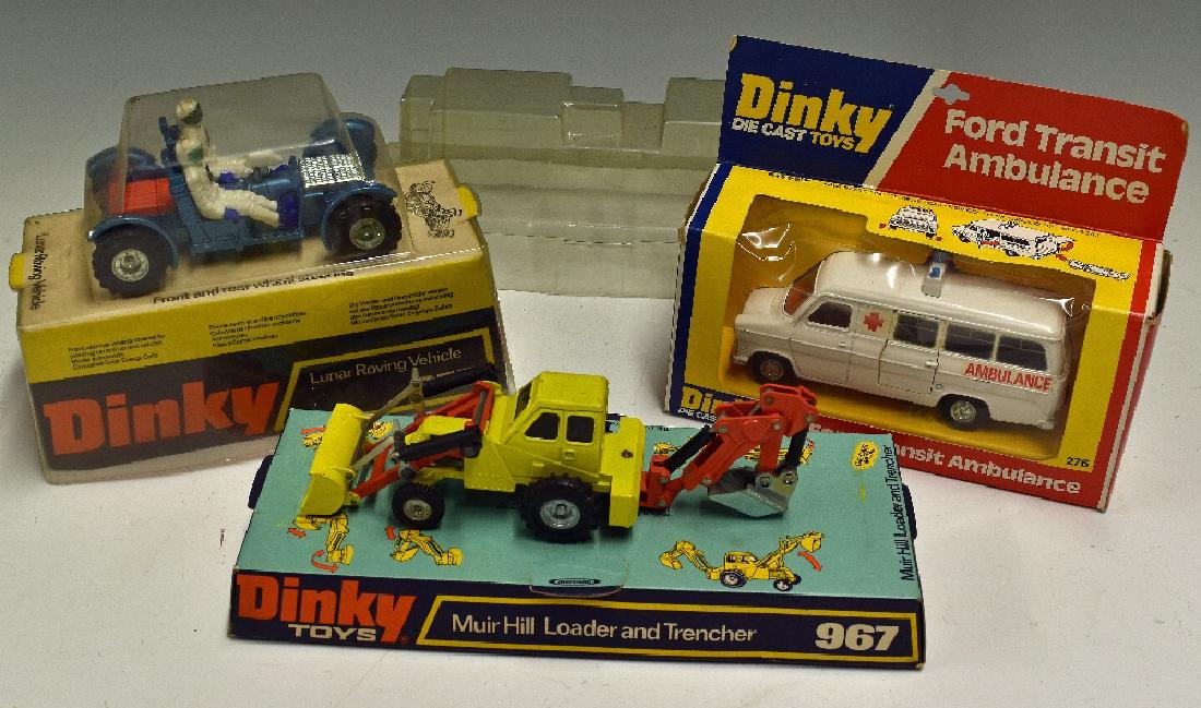 Dinky Toys Diecast Models 355 Lunar Roving Vehicle...: Dinky Toys Diecast Models 355 Lunar Roving Vehicle in blue plus 967 Muir Hill Loader and Trencher and 276 Ford Transit Ambulance in original box, other models with carded plinth and plastic casing, al