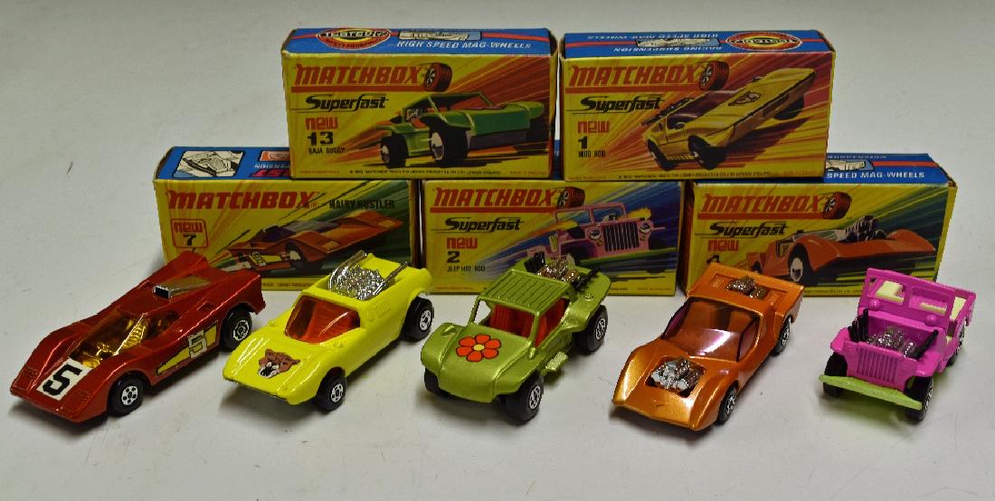 Matchbox Superfast 1970s Models to include 1 Mod...: Matchbox Superfast 1970s Models to include 1 Mod Rod, 2 Jeep Hot Rod, 4 Gruesome Twosome, 7 Hairy Hustler and 13 Baja Buggy, all with carded boxes and appear in very good condition (5)